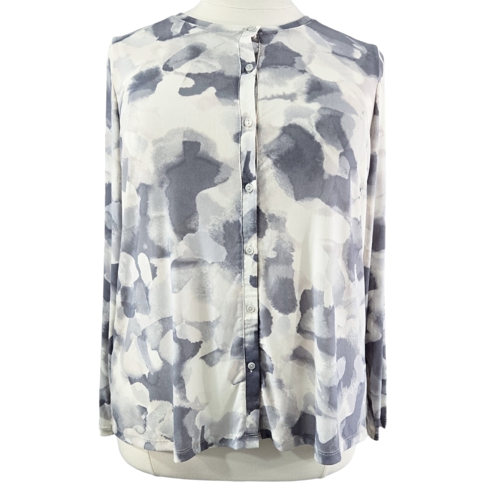 Logo Lori Goldstein Clarissa Gray Mesh Button-Up Top Abstract Artsy Watercolor
